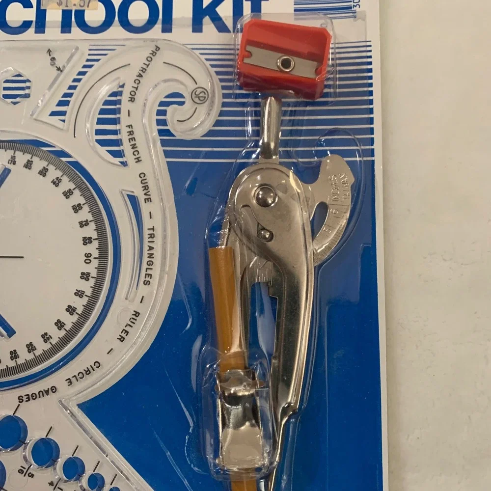 Sterling School‎ Kit 7 in 1 Protractor Metal Compass Sharpener New Vintage NOS